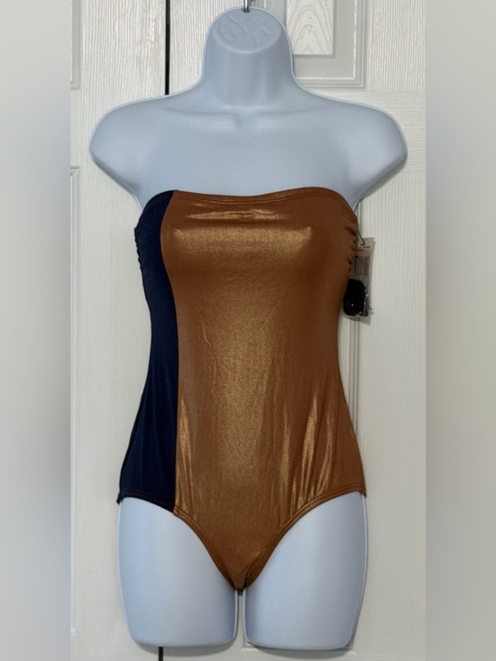 DKNY Colorblock Bandeau One Piece Swimsuit Navy Copper Metallic Size 8 NWT